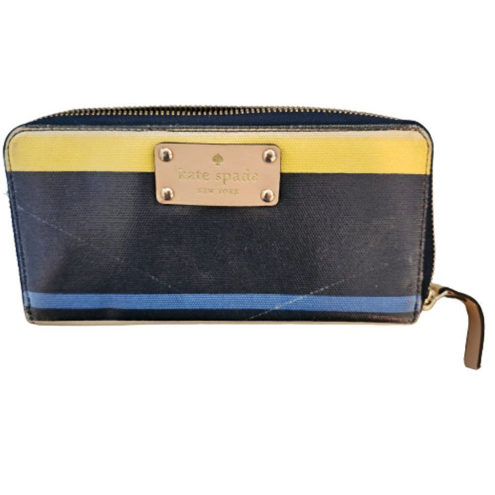 Kate Spade Blue multicolored Stripe Continental Leather Zip Around Wallet